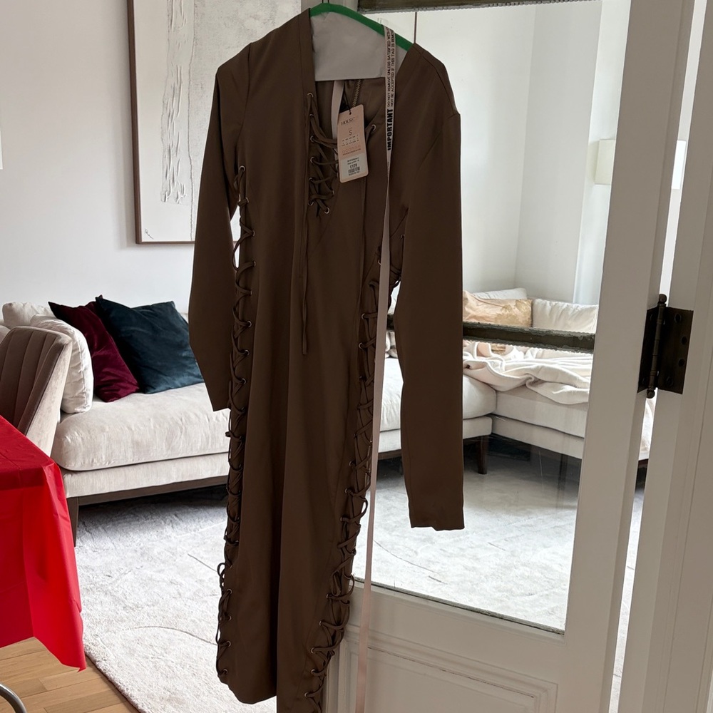 House of CB Brown Lace-Up Long Sleeve Dress